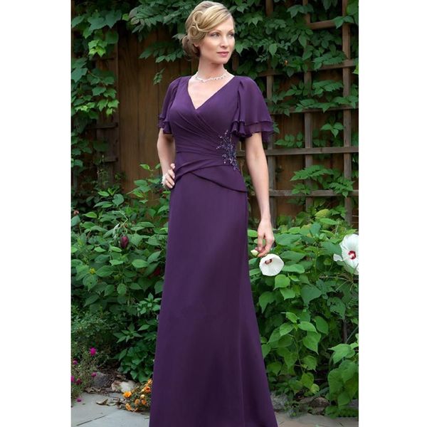 Robe longue violette pour mère de la mariée, manches courtes, col en V, en mousseline de soie, longue sirène formelle, costumes pour mère du marié, robes de soirée