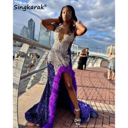 Long Purple Prom Dresses 2024 Glitter Beading Crystals Rhinestones Feathers pailletten voor Black Girl Mermaid Speciale feestjurk