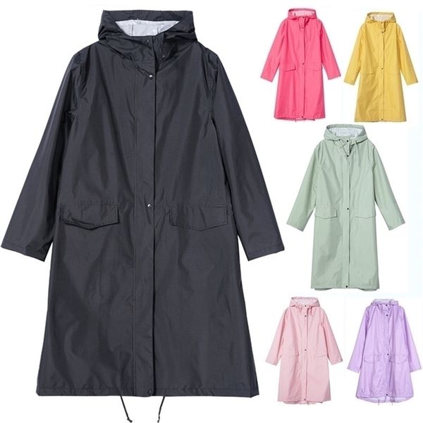 Impermeable largo Mujeres Hombres Impermeable A prueba de viento con capucha Ligero Capa de lluvia Ponchos Chaqueta capa Mujer Chubasqueros Abrigo blanco Interior 201202