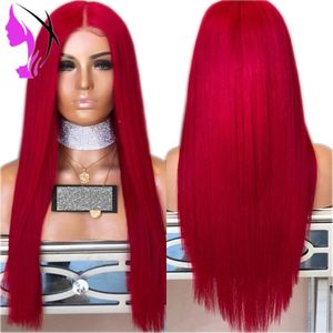 Peluca larga de Cosplay roja, pelucas delanteras de encaje sintético liso y sedoso para mujer, 10 colores, rosa, negro, gris con pelo de bebé