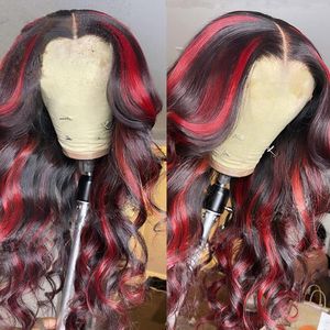 Long rouge poitrine de surbrillance cheveux humains 13x4 onde de carrosse en dentelle perruque avant rouge avec des perruques synthétiques de couleur noire pré-cueillies