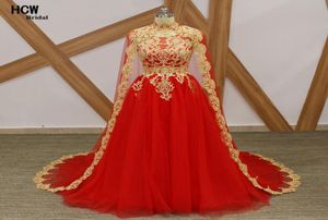 Lange rode prom -jurken met gouden kanten sprankelende kralen tule een lijn Arabische prom -jurken met mantel 2020 op maat gemaakte formele kleding Y200719965897