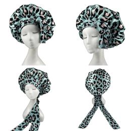 Long ruban Satin imprimé léopard bonnet de nuit femmes grand soin des cheveux beauté sommeil chapeaux mode à lacets nœud Femme élastique Bonnet