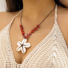 Longue chaîne en corde avec pierres et coquillages, pendentif de fleurs tissées pour femmes, chaînes de pull tendance, accessoires, bijoux à la mode