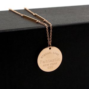 Lange roségouden vierkante staafketting Engelse letter ronde plaathanger Mao Ti stalen kledingketting damesketting