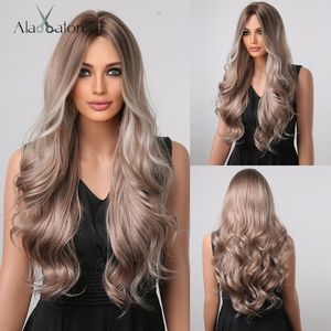 Lang roségouden watergolfpruik synthetische haarpruiken voor vrouwen Afro -Amerikaanse bruine ombre pruiken cosplay hittebestendige factory direct