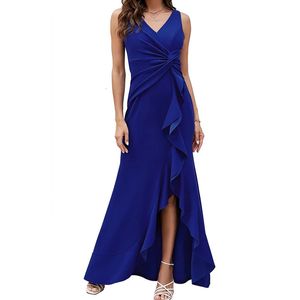 Longues robes de soirée bleu royal pour femmes robes formelles fête élégante en V couche sans manches enveloppe de slip 240327