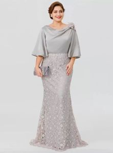 Longue Satin Élégant Soie Memaid Mothe De La Bide Desses Demi Manches Sie Dentelle Cheminée Longueur Fomal Robes De Soirée Chic Invité De Mariage Dess Goom Maman Pom