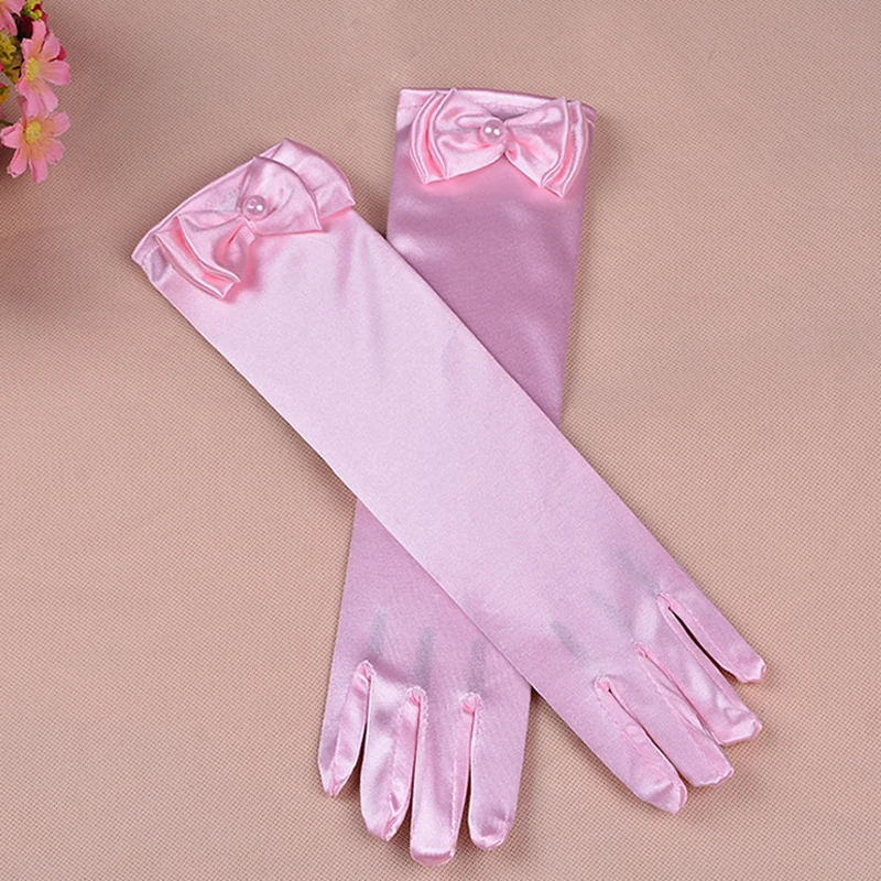 子供のための長いサテン手袋パフォーマンス指の結婚式のパーティーグリーブのための指紋弓弓結婚式の手袋サテン