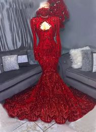 Lange Sexy Prom Jurken 2022 Mermaid Stijl Hoge Hals Lange Mouw Rode Lovertjes Applique African Aso Ebi Black Gala Gala Avondjurken BES121