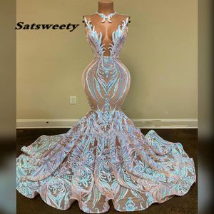 Lang sexy prom-jurken Mermaid Sheer o-neck zwart meisje Afrikaanse pailletten gala feestjurk 2450