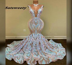 Lang sexy prom -jurken Mermaid Sheer oneck Black Girl African Sequin Gala Party Dress9087886