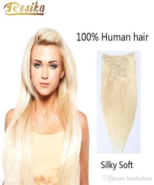 Longue soyeuse douce droite femmes mode Clip InOn Extensions de cheveux humains 7pcsset 70 110g en option 613 Blonde Dyeable2006999