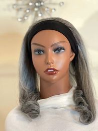 Long Silver Grey Human Headband Wig 14-16 pulgadas Correas ajustables Sal y Peper Natural Gris Sprial Sprial Wig Human Hair Wig