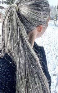 Longs cheveux argentés queue de cheval os droit queue de cheval gris naturel enroulé autour des cheveux gris extenson doucement beaux cheveux sel et poivre 140g superbe fille livraison gratuite