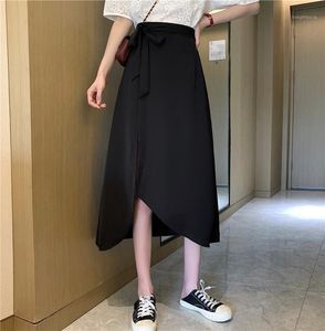 Jupe longue vêtements d'été pour femmes Style coréen jeune fille jupe noir solide femme Midi Tulle harajuku à lacets taille haute1