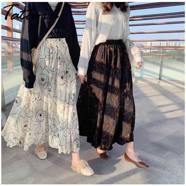 Jupes longues pour femmes Floral Maxi taille haute en mousseline de soie Vintage Streetwear femmes femme coréenne 210708