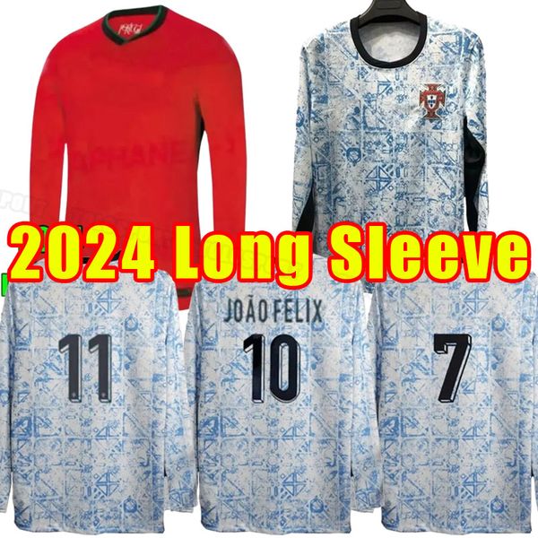 Manches longues 2024 25 Jerseys de football portugais Men Ronaldo Joao Felix Home Football Shirt Bernardo Camisa de Futebol Full Set Adult Kits