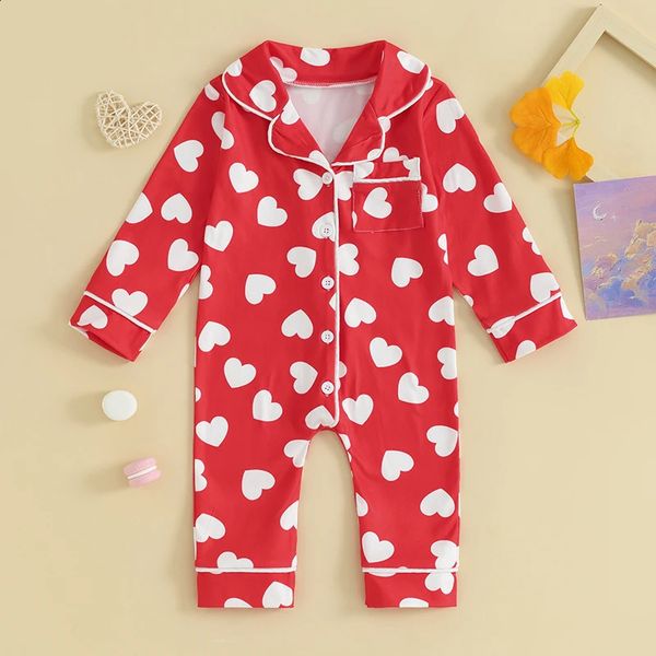 Manches longues bébé garçons filles vêtements de nuit pyjamas combinaisons col à revers coeur imprimé boutonné barboteuses nés vêtements de détente 240313