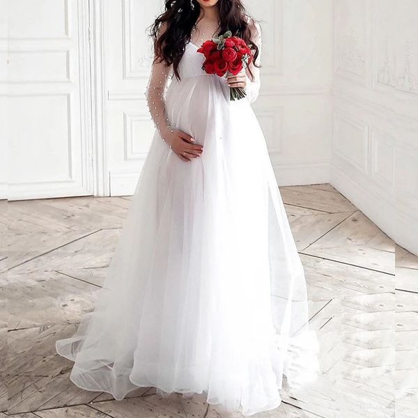 Robe en maille de perles à manches longues pour femmes enceintes, robe de mariée, accessoires de tournage, robe de maternité, vêtements à la mode pour femmes enceintes 240309