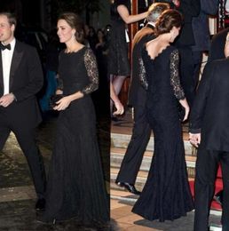 Vestidos de noche de encaje negro de manga larga Kate Middleton Celebrity Vestido de alfombra roja Venta vintage Vestidos de la noche Dre1641930