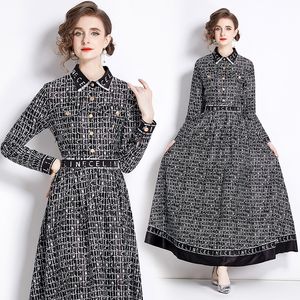 Vestido largo negro de manga larga para mujer, vestido acampanado estampado y elegante de diseñador, para oficina, con botones de solapa, camisa delgada, vestidos informales para fiesta de vacaciones, batas