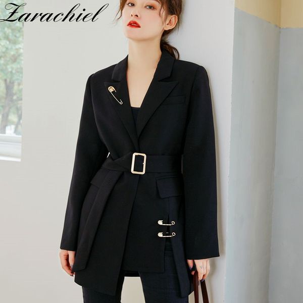 Manga larga Negro Vinatge Office Ladies Lace-Up Pins Decorar Blazer Mujeres Muescas Cinturón Solo Botón Traje Chaqueta Outerwear 210416