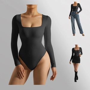 Body met lange mouwen voor dames, sexy geribbeld, vierkante hals, basic zwarte overall, top jumpsuit, body streetwear bodycon 240112