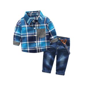 Lange mouwen jongens kleding set blauw plaid shirt + bretels jeans casual kinderkleding voor jongen pak set baby kinderkleding x0802