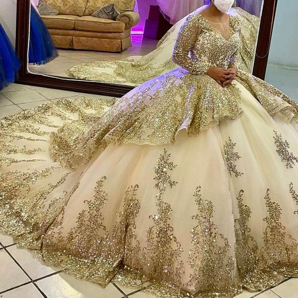 Vestidos de quinceañera dorados y champán de manga larga, vestido de baile de princesa para niñas, mascarada de graduación de satén, 16 vestidos dulces durante 15 años