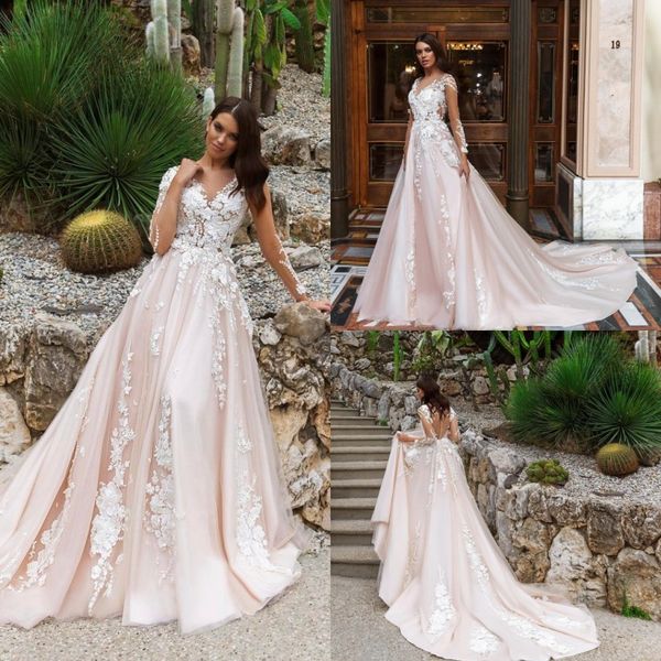 Vestidos elegantes de manga larga, vestidos de novia campestres con apliques de encaje y cuello en V transparentes, vestido de novia de talla grande