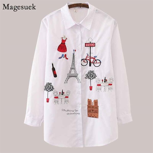 Blusa de bordado de algodón de manga larga Mujer blanca Señora Botón casual Diseño Turn Down Collar Camisa femenina 5083 210518