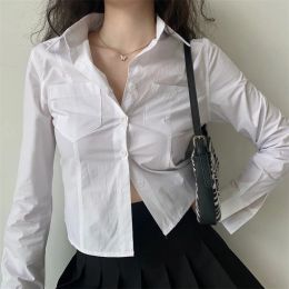 Chemise blanche à manches longues pour femmes, mode coréenne, chemisier à manches longues, Streetwear, col rabattu, Slim, Y2K