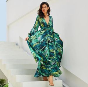 Jurk met lange mouwen groene tropisch strand vintage maxi -jurken boho casual v nek riem veter tuniek gedrapeerd plus size jurk1010279