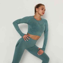 Lange mouwen Fitness Yoga T-shirts Vrouwen Hoge Elasticiteit Running Sport Crop Top Sneldrogend Ropa Deportiva Mujer Gym Kleding 210514