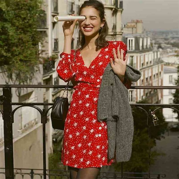 À manches longues Floral Dot Imprimer Robe Rouge Automne Hiver Femmes Col En V Wrap Robe Vintage Casual Office Lady 210427