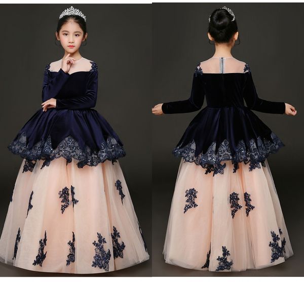 Robes de fille de fleur à manches longues pour mariage hiver paillettes dentelle appliques robe de bal à plusieurs niveaux robe de soirée princesse tout-petits soirée formelle enfants