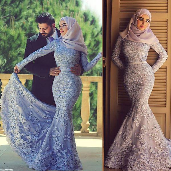 Vestidos de noche musulmanes de encaje completo de manga larga 2019 Bufanda de sirena Islámico de Dubai Vestido de fiesta árabe saudita Vestido de ocasión especial