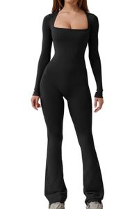 Jumpsuit met lange mouwen Dames Strakke pasvorm Vierkante hals Wijde pijpen Volledige lengte Romper Speelpakje Bodycon Dames lange overalls 240306