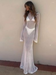 Robe de plage en tricot à manches longues pour femmes, Sexy, transparente, Slim, Maxi, élégante, couleur unie, dos nu, tenue de vacances, été