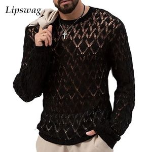 Manches longues tricot pull hauts hommes automne Vintage broderie évider t-shirts tricotés vêtements pour hommes élégant Sexy 240129