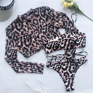 Long Sleeve Leopard 3 Piece Swimsuit High Cut Push Up Padded Bikini Female Bathers Sports Bathing Suit Thong Swimwear Biquini 220408