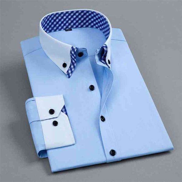 Chemise habillée formelle à manches longues pour hommes facile d'entretien mode Double col couleur unie bureau d'affaires travail Smart chemise décontractée 210714