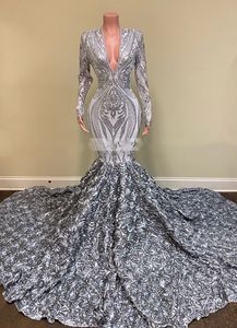 Lange mouw Mermaid Avondjurken Zilveren Pailletten Applique 3D Floral Trein Afrikaanse V-nek Zwart Meisje Prom Dress Roekjes