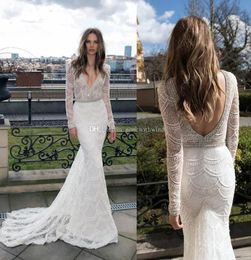 Sirène à manches longues robe de mariée en dentelle Berta Berta Bridal Pearls Perls Sequin plongeant décolleté sans dos