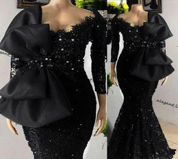 Robes de bal sirène à manches longues 2021 perles dentelle robe de soirée noire avec nœud célébrité Sukienki robes de soirée robe de Fiesta8451271