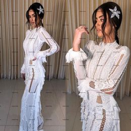 Long Sleeve Mermaid Wedding Dresses 2022 High Neck Crochet Cotton Lace Slim Outdoor Country Bohemian Trumpet Bridal Dress Wear 255a
