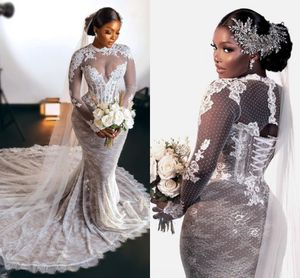 Robes de mariée sirène à manches longues Applique complète abito da sposa Corset à lacets Vintage robe de mariée africaine Aso Ebi