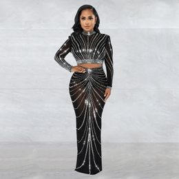 Mesh à manches longues Maxi BodyCon Party Elegant Sparkly Rhiinstone For Birthday Robe Sexy Club Two Piece Sets Womens Overifits 231227