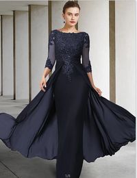 Chiffon Moeder Van De Bruidegom Jurken Met Lange Mouwen Plus Size O-hals Formele Kant Avond Bruiloft Prom Gasten Jurken